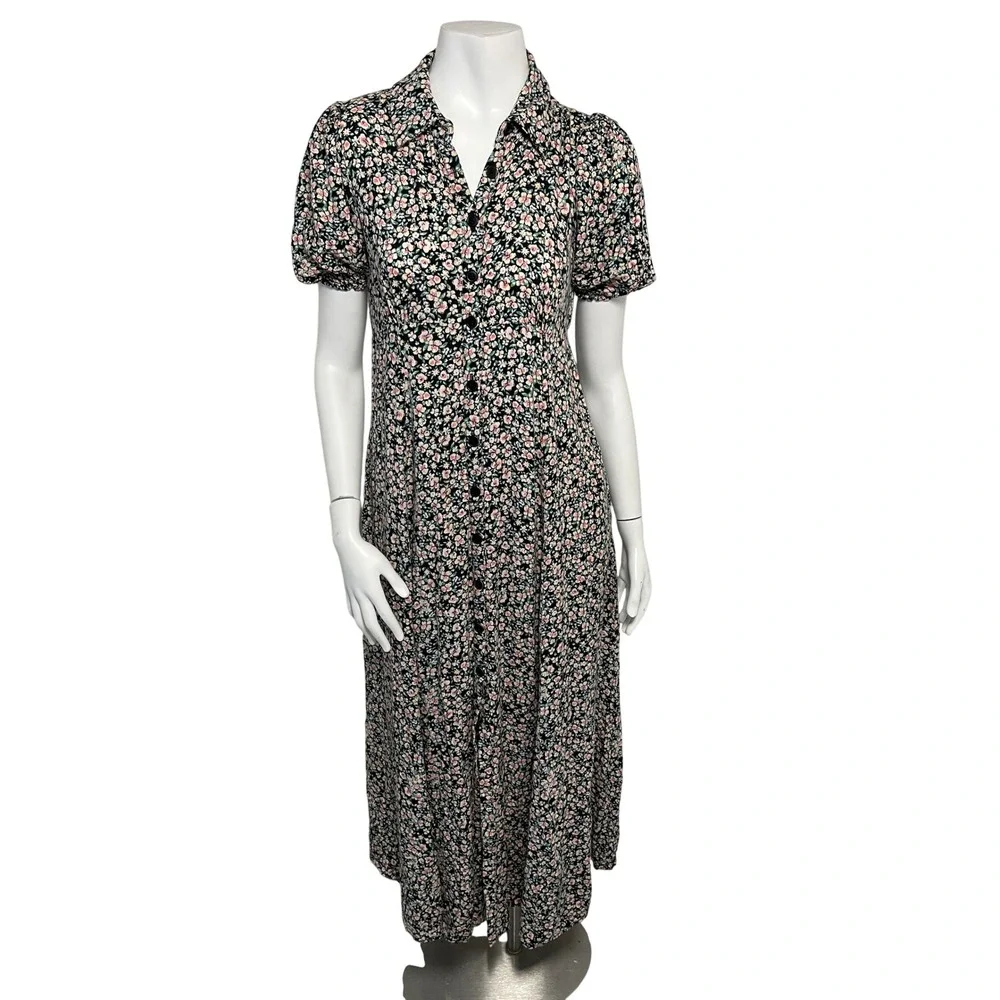Free People Debbie-Jean Maxi Shirt Dress Black Pink Ditsy Floral Duster XS